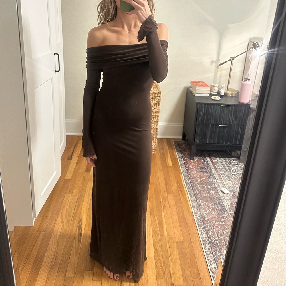 Meshki Josie Off Shoulder Mesh Maxi Dress - XS - Dark Brown